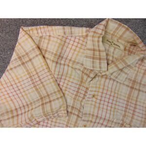 Tommy Bahama Shirt Mens Men Brown Plaid Linen Cotton Casual Tropical Aloha Camp
